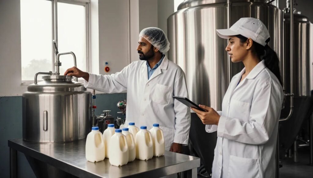 Dairy entrepreneur and a quality technician in white coats beside a stainless steel milk tank with packaged milk on a steel table