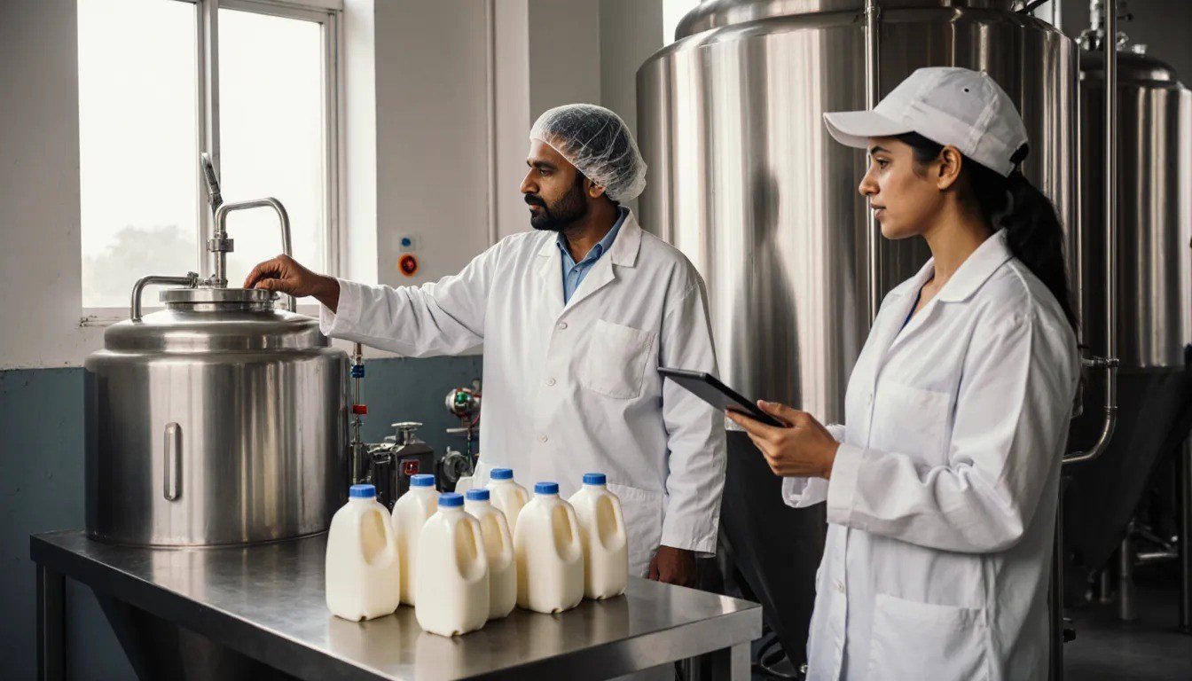 Dairy entrepreneur and a quality technician in white coats beside a stainless steel milk tank with packaged milk on a steel table