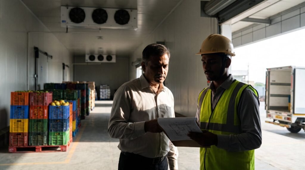 Project engineer in a hard hat and an entrepreneur reviewing a cold storage layout drawing inside an insulated cold room with crates of fresh produce