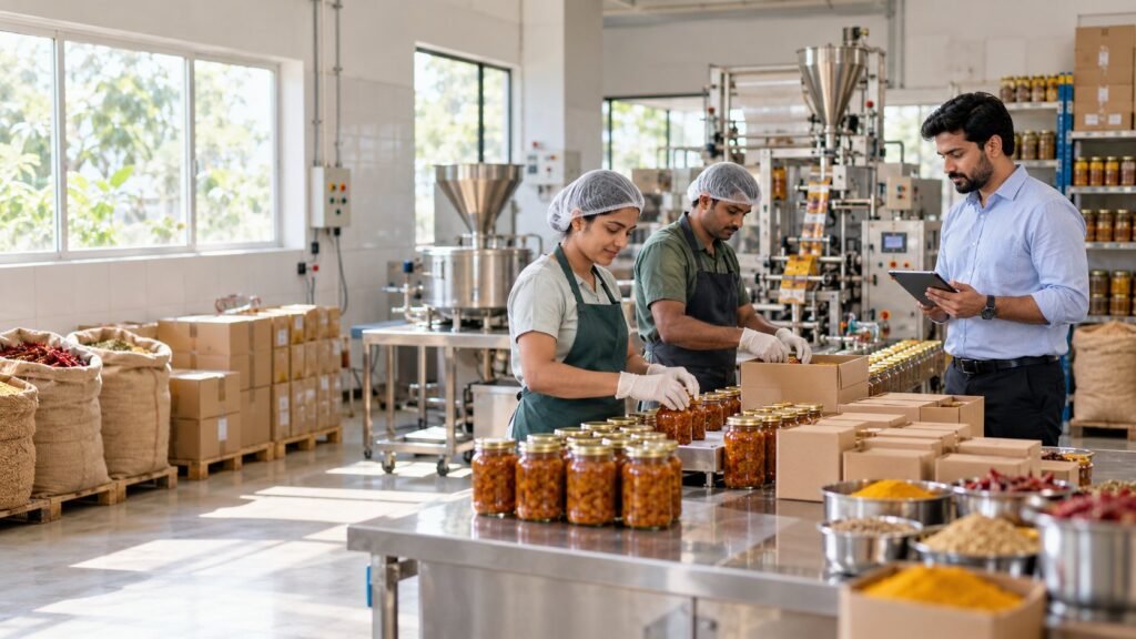 Workers packing pickle jars and spice boxes in a food processing unit while an entrepreneur reviews progress on a tablet
